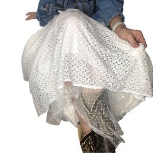 VTG 90's Retro Threads Sz L/XL Boho Lace Trimmed Eyelet Skirt White Midi Cottage